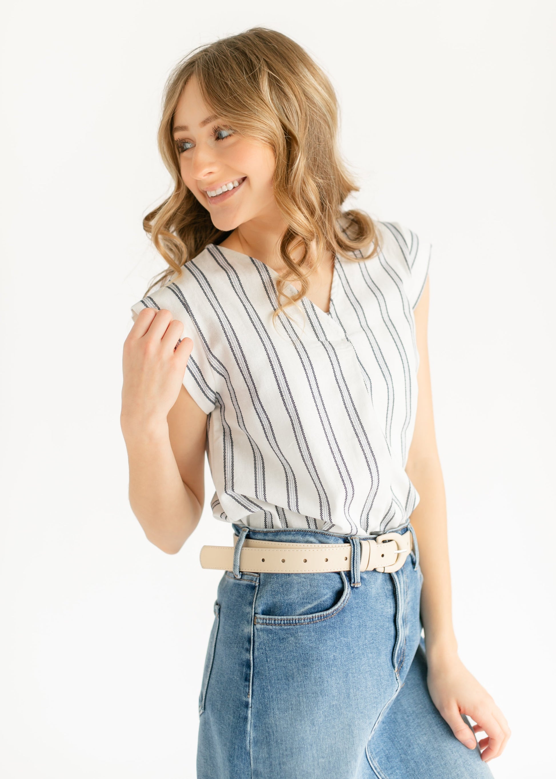 Madison Striped V-neck Short Sleeve Flowy Top IC Tops