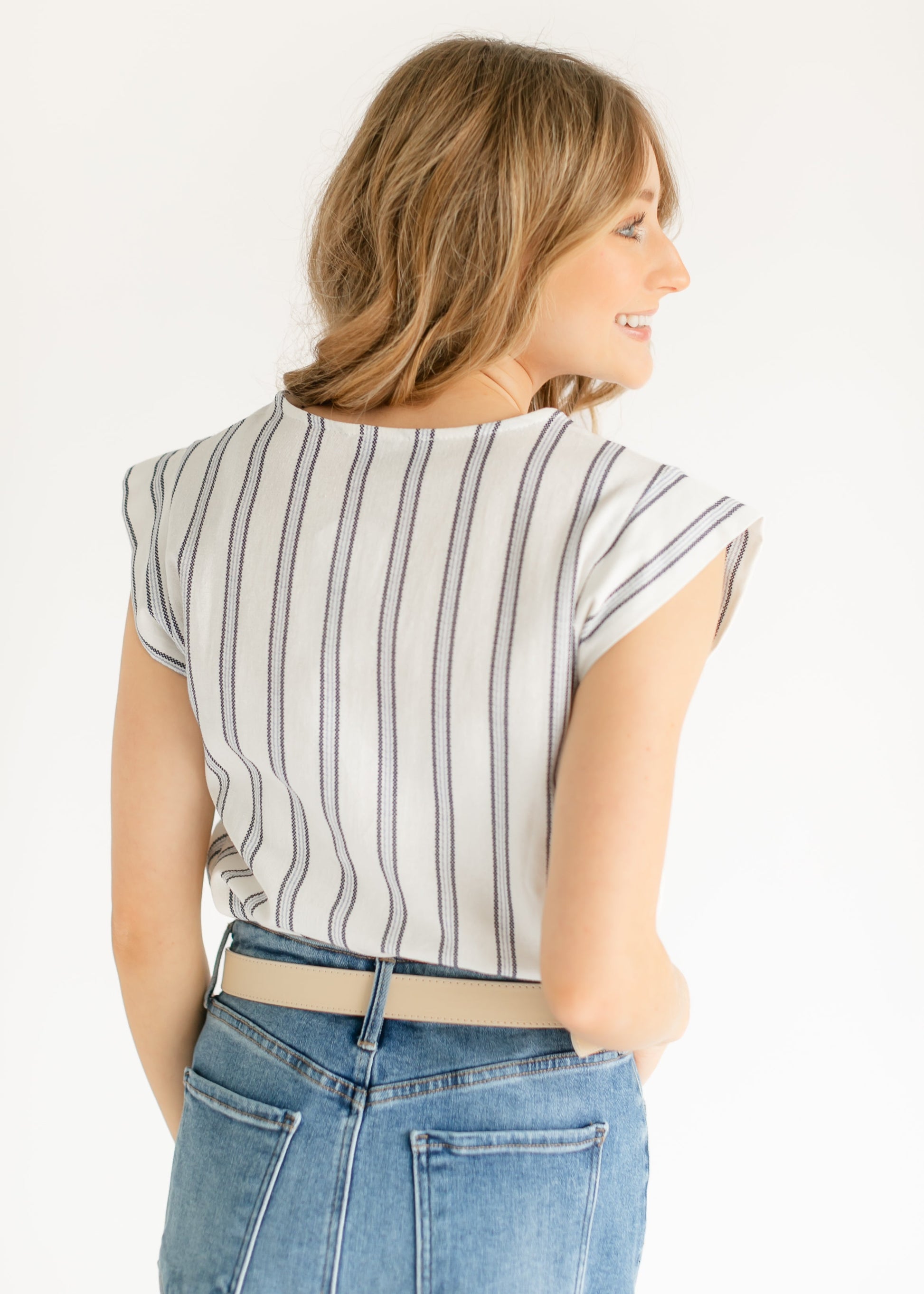 Madison Striped V-neck Short Sleeve Flowy Top IC Tops