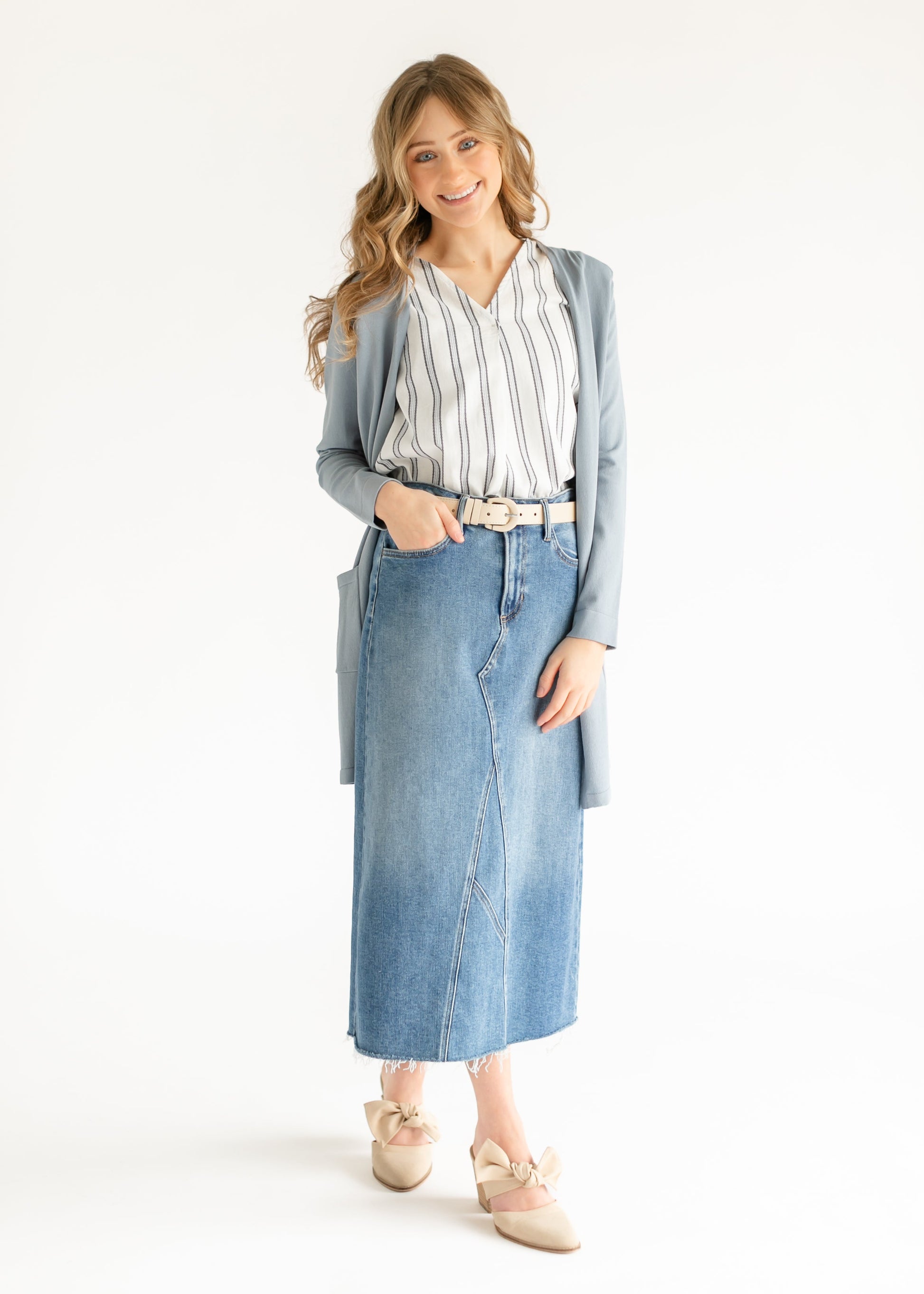 Madison Striped V-neck Short Sleeve Flowy Top IC Tops