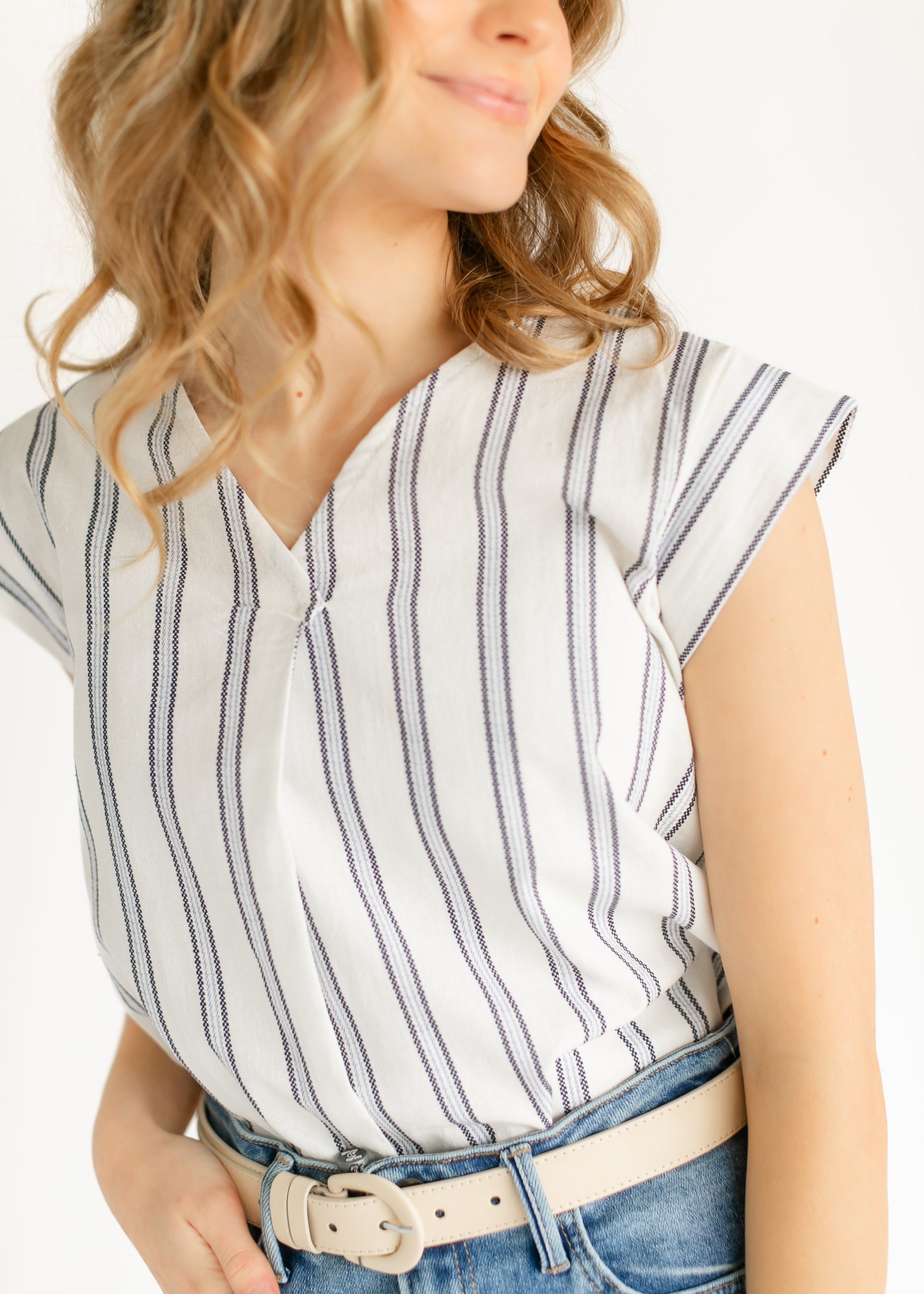 Madison Striped V-neck Short Sleeve Flowy Top IC Tops