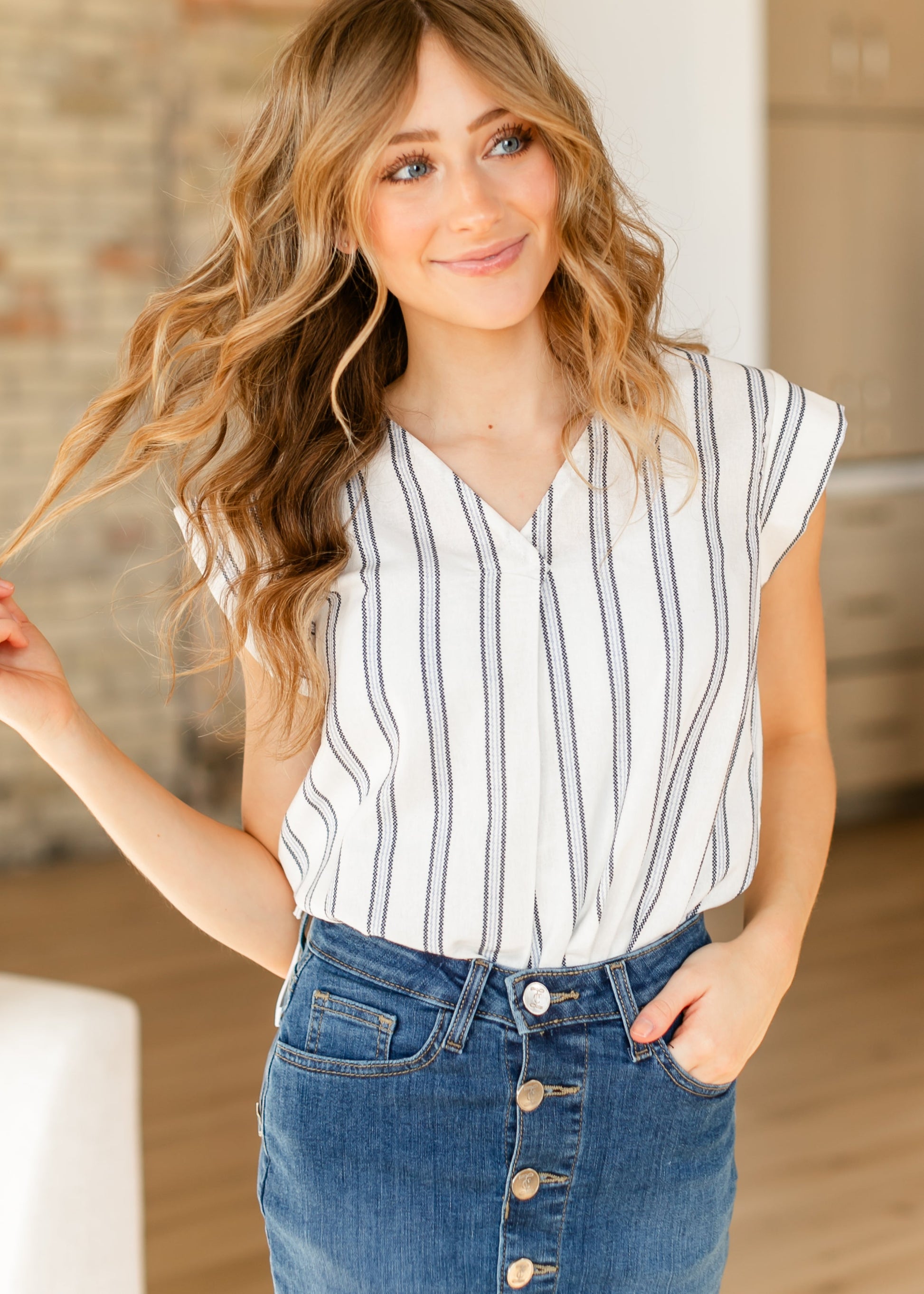 Madison Striped V-neck Short Sleeve Flowy Top IC Tops