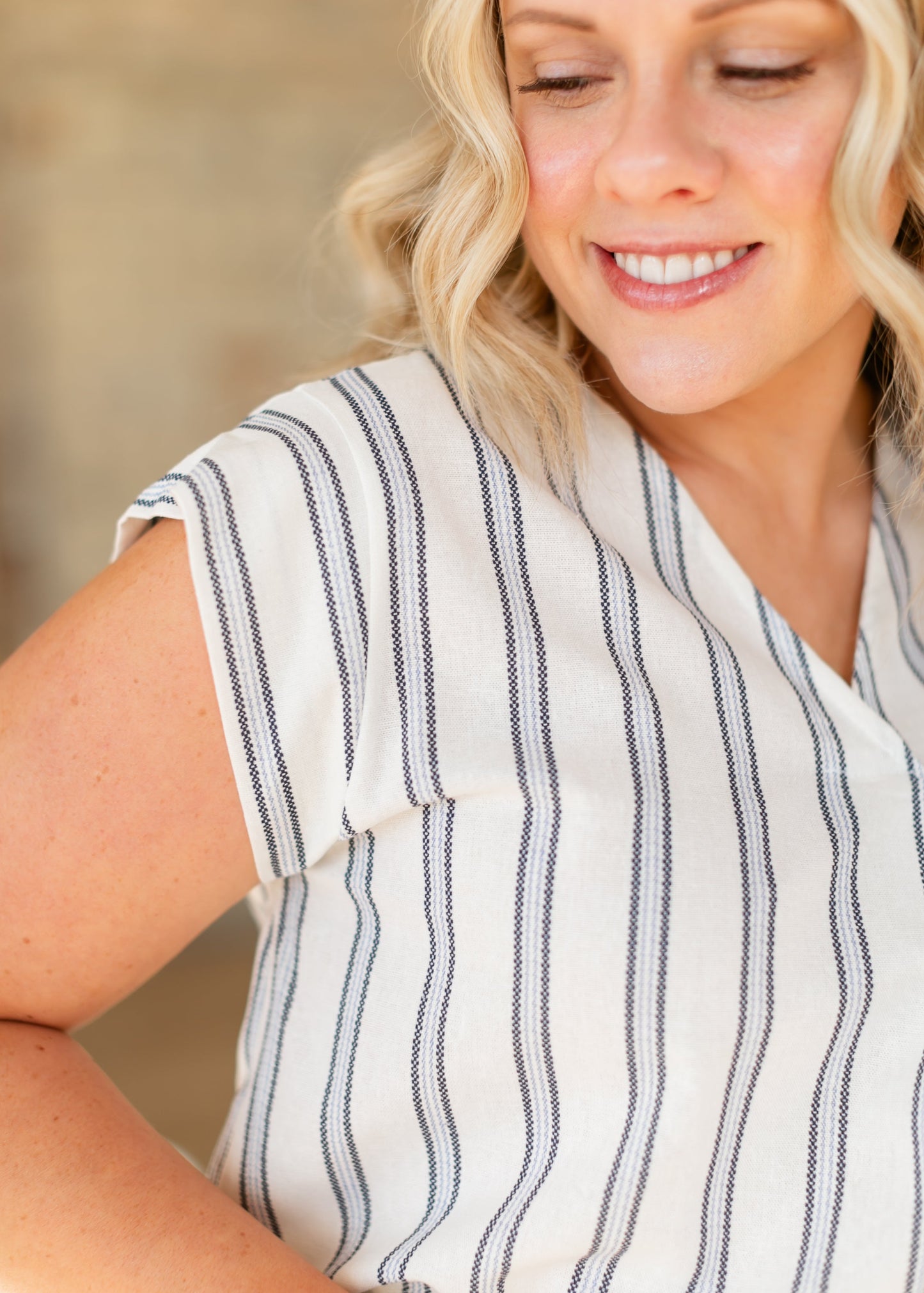 Madison Striped V-neck Short Sleeve Flowy Top IC Tops