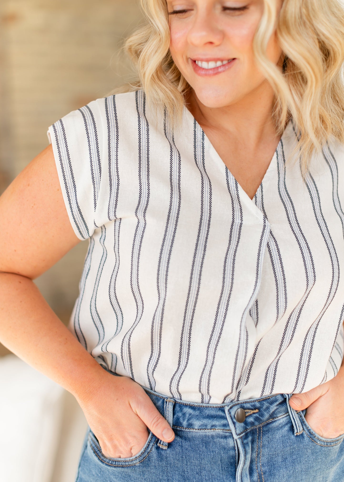 Madison Striped V-neck Short Sleeve Flowy Top IC Tops