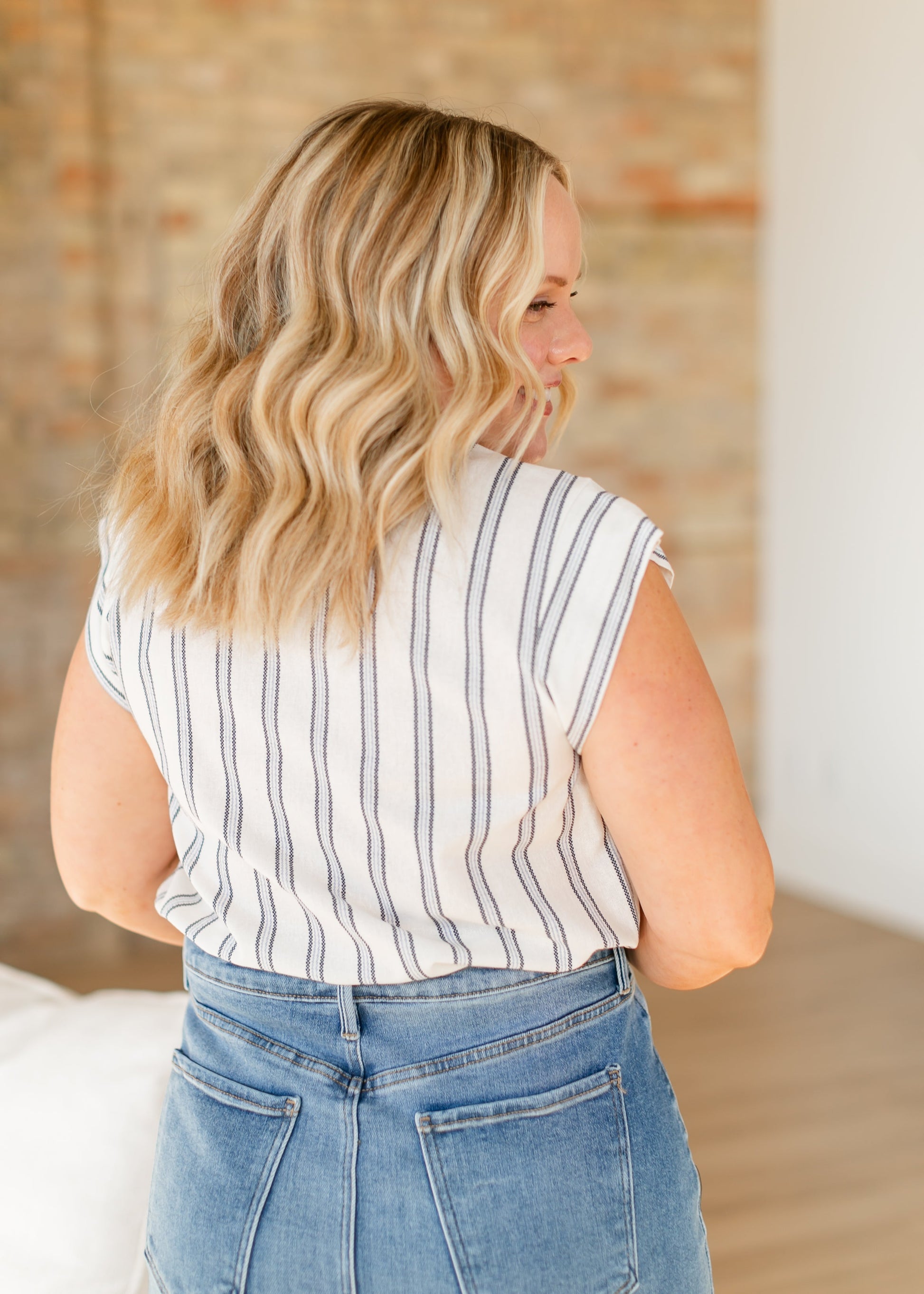 Madison Striped V-neck Short Sleeve Flowy Top IC Tops
