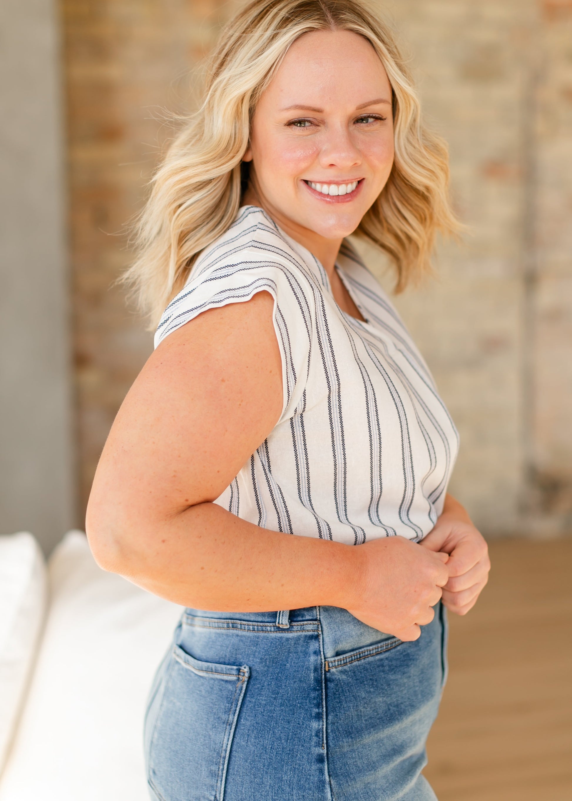 Madison Striped V-neck Short Sleeve Flowy Top IC Tops