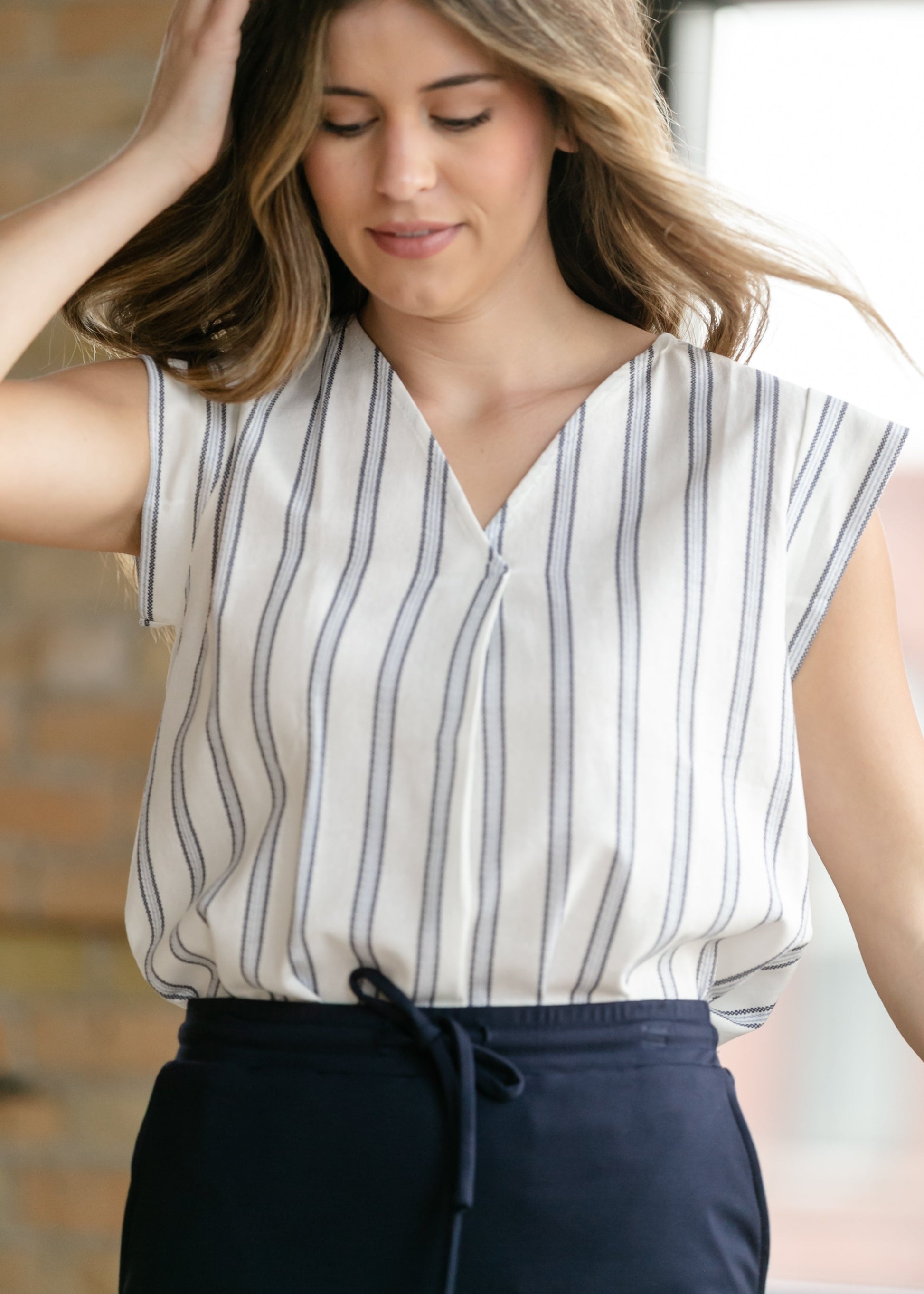 Madison Striped V-neck Short Sleeve Flowy Top IC Tops
