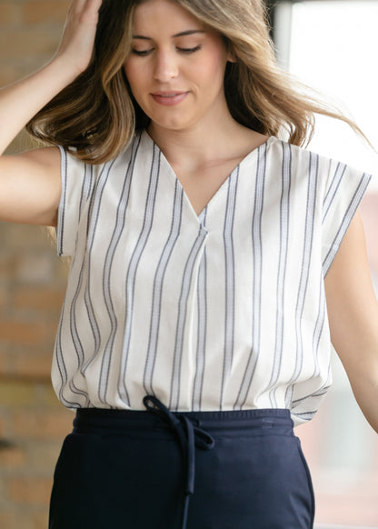 Madison Striped V-neck Short Sleeve Flowy Top IC Tops