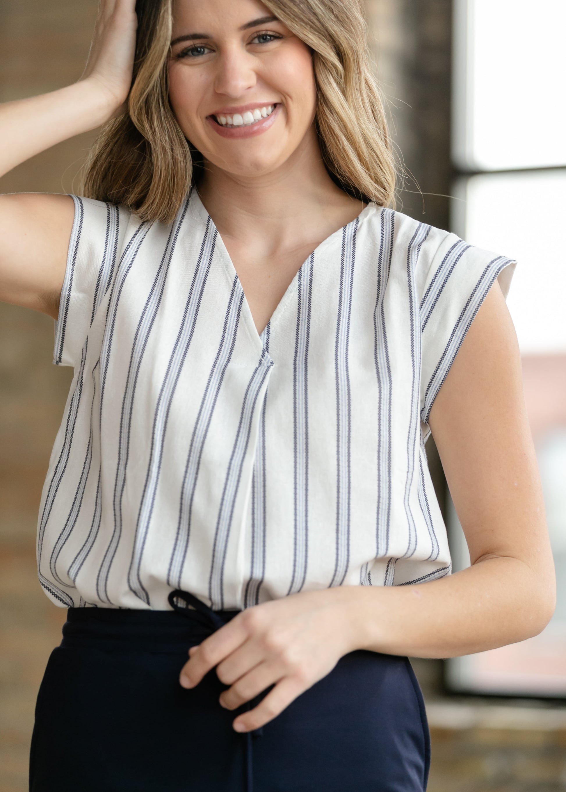 Madison Striped V-neck Short Sleeve Flowy Top IC Tops