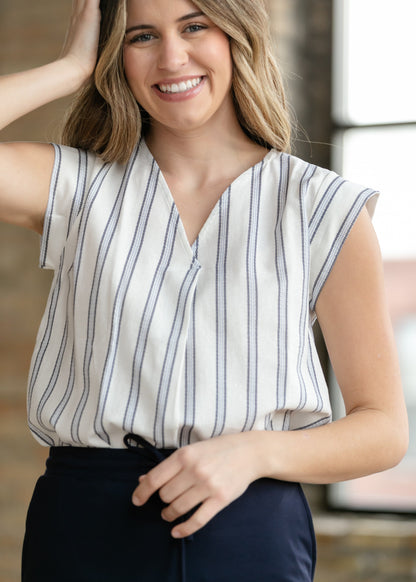 Madison Striped V-neck Short Sleeve Flowy Top IC Tops