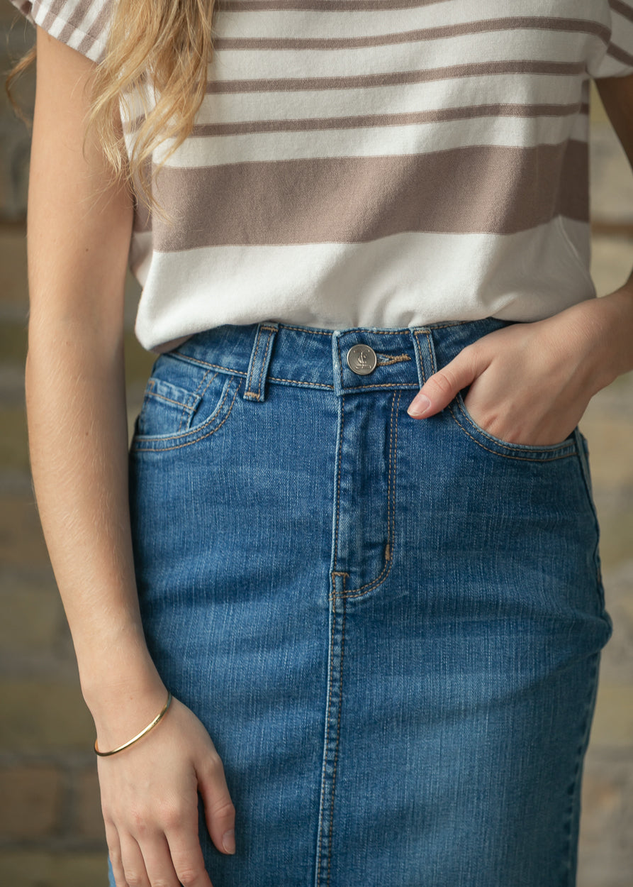 Maelia Medium Wash Denim Midi Skirt IC Skirts