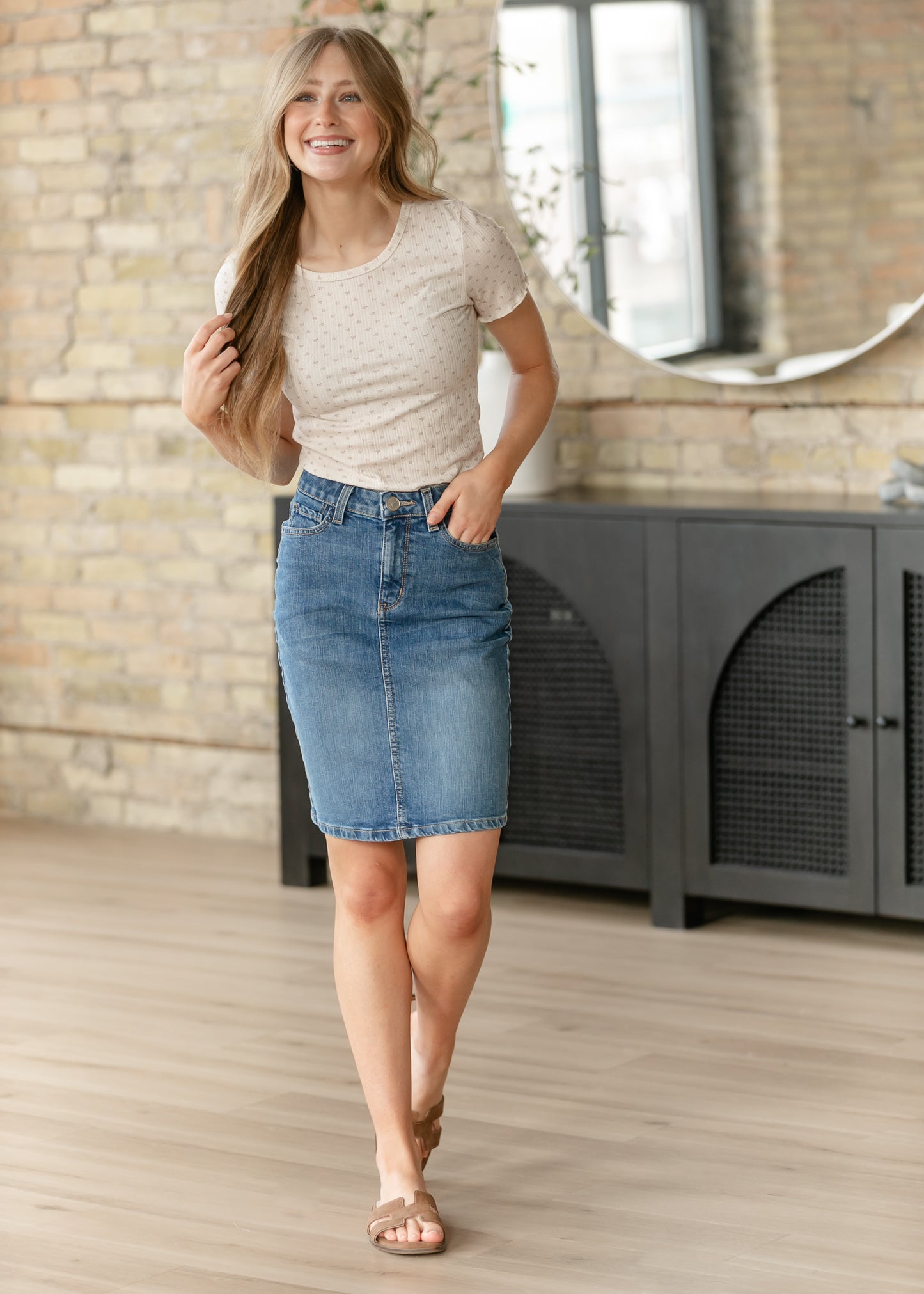 Maelia Medium Wash Denim Midi Skirt IC Skirts