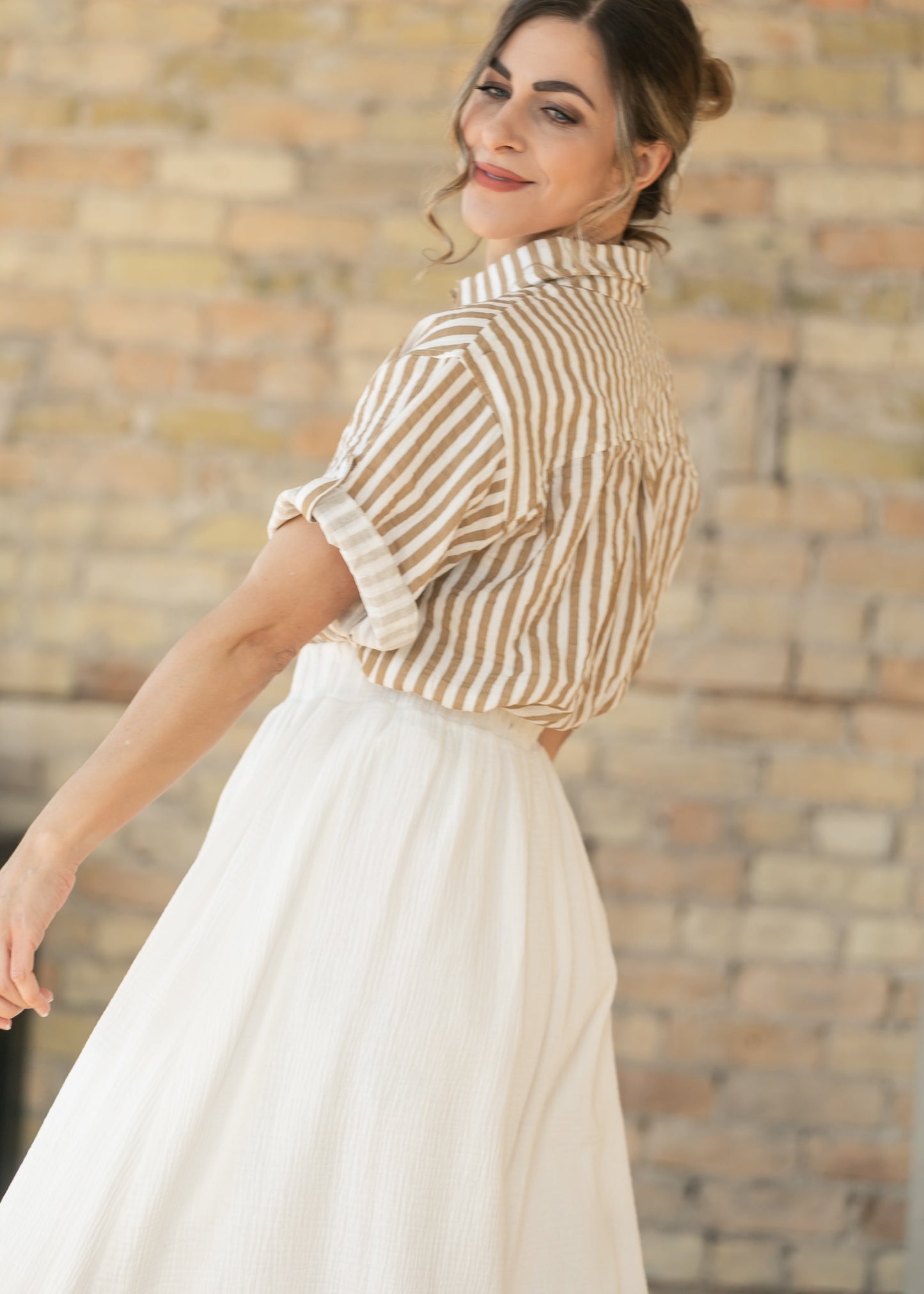 Marlaina Cotton Gauze Striped Button Up Top IC Tops