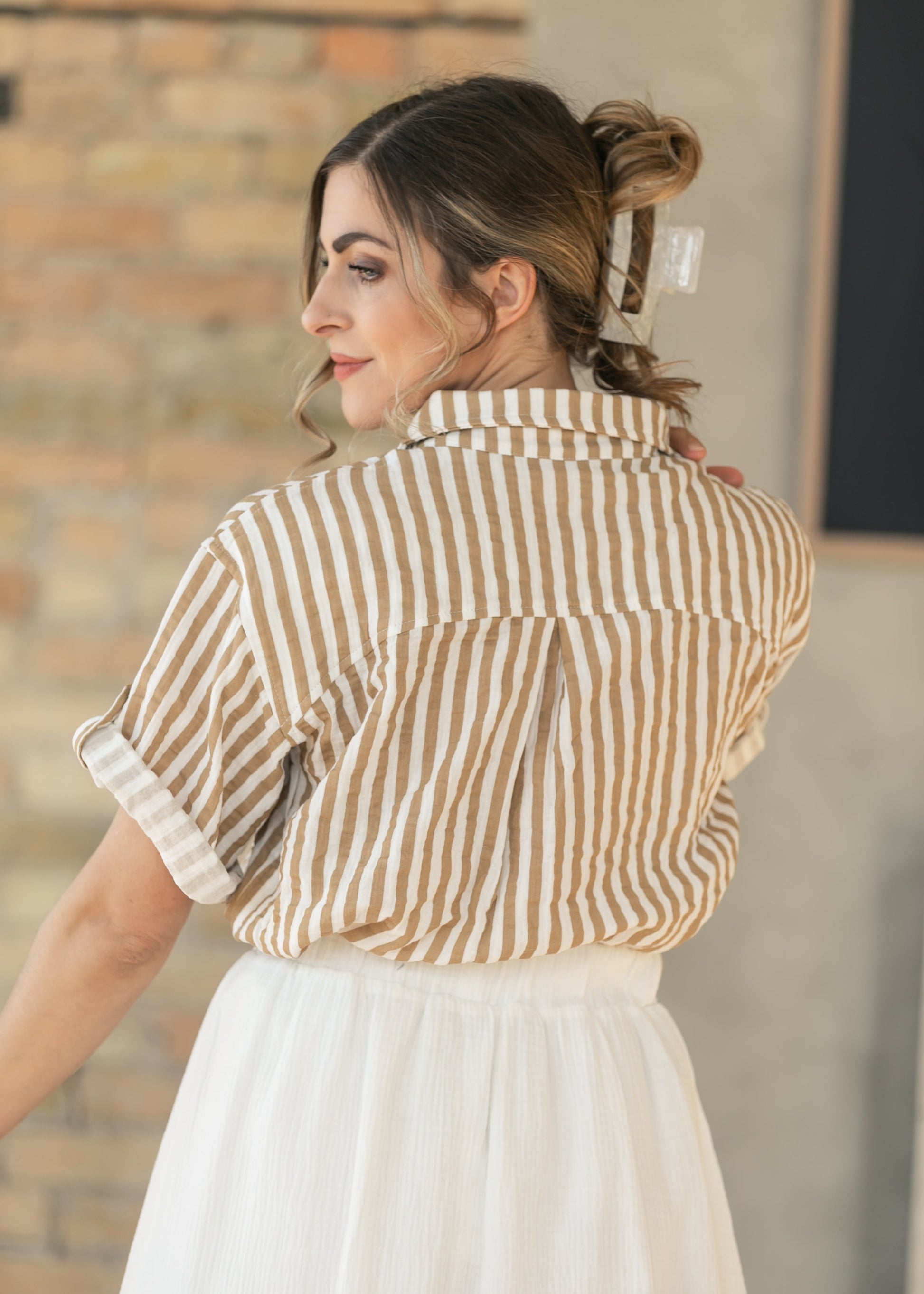 Marlaina Cotton Gauze Striped Button Up Top IC Tops