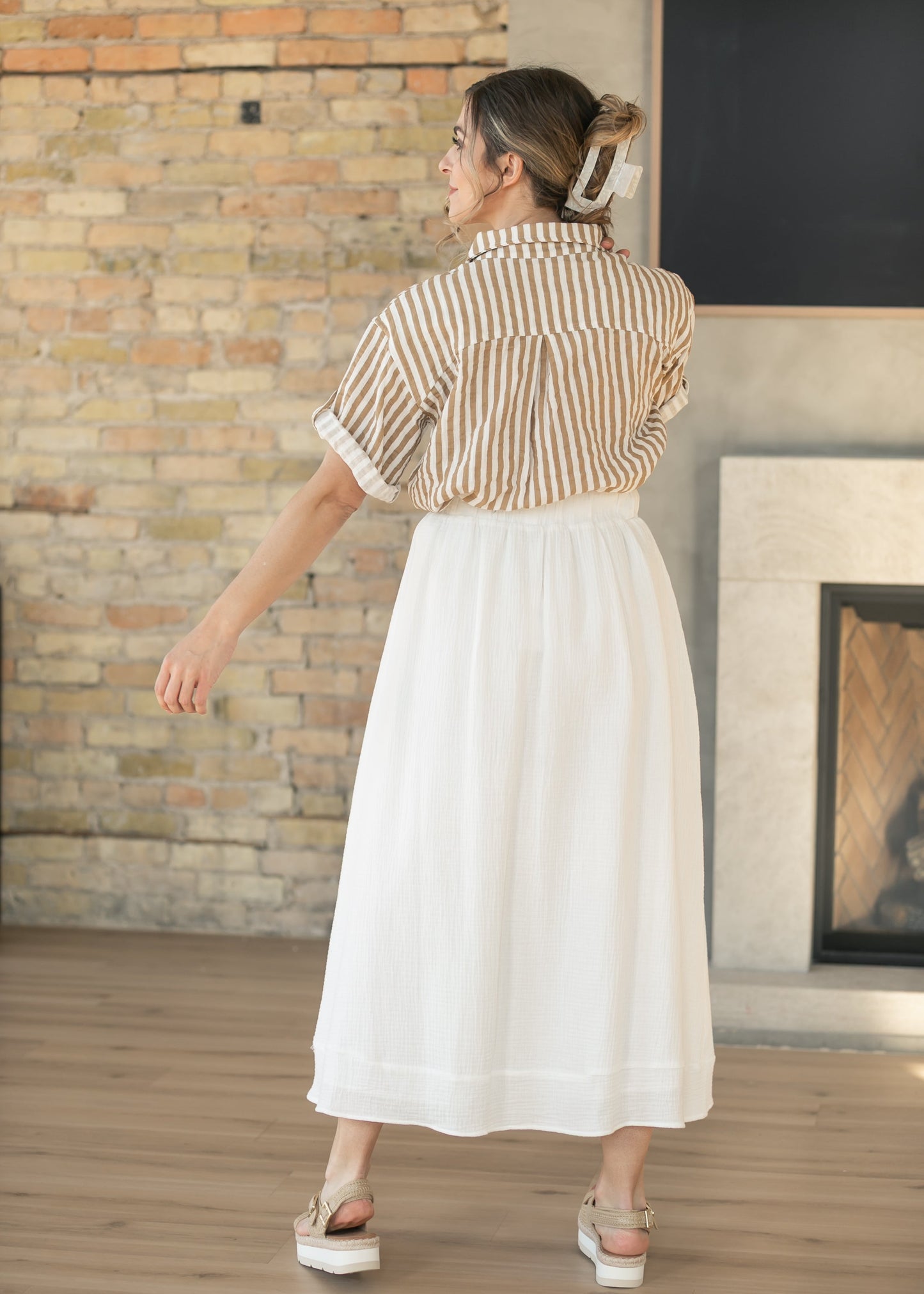 Marlaina Cotton Gauze Striped Button Up Top IC Tops