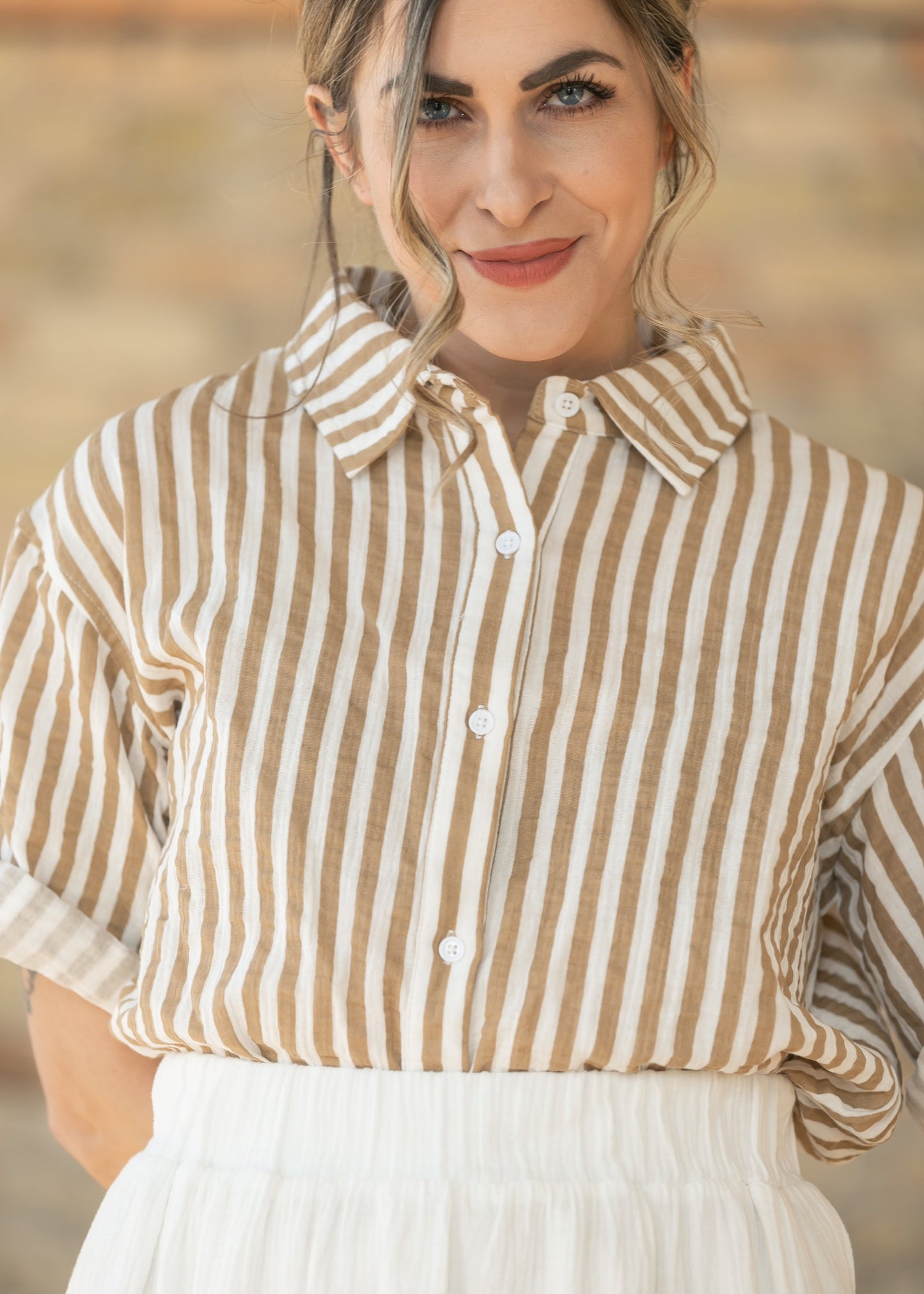 Marlaina Cotton Gauze Striped Button Up Top IC Tops