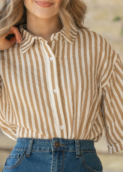 Marlaina Cotton Gauze Striped Button Up Top IC Tops