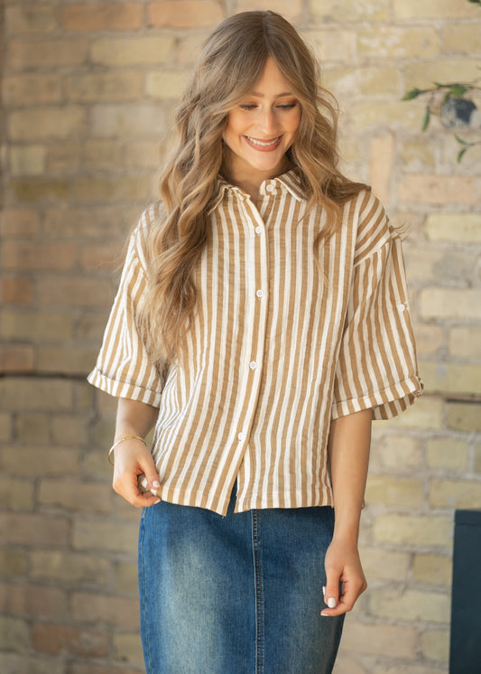 Marlaina Cotton Gauze Striped Button Up Top IC Tops