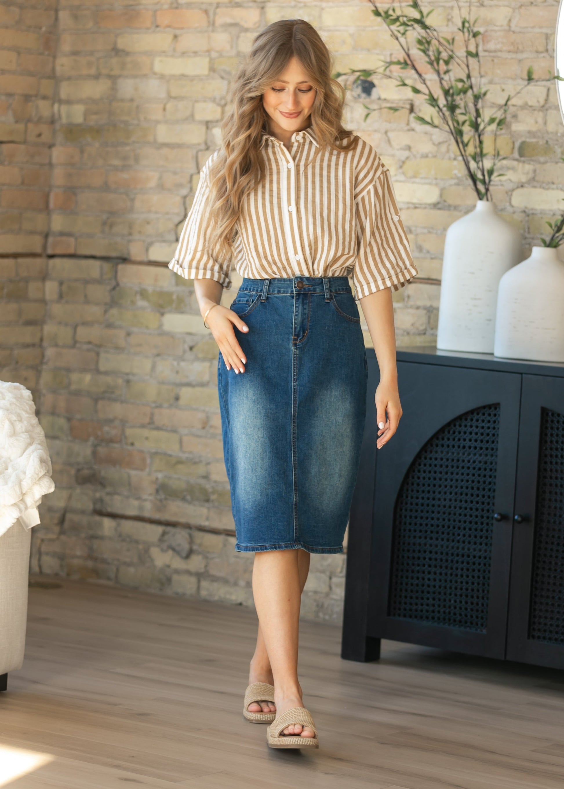 Marlaina Cotton Gauze Striped Button Up Top IC Tops