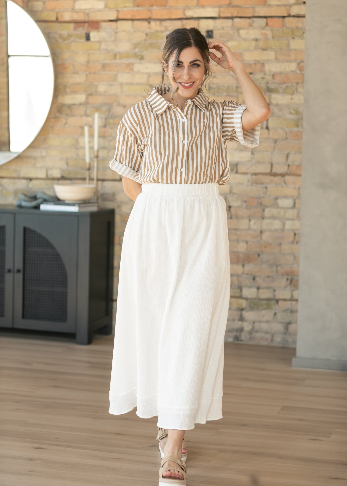 Marlaina Cotton Gauze Striped Button Up Top IC Tops