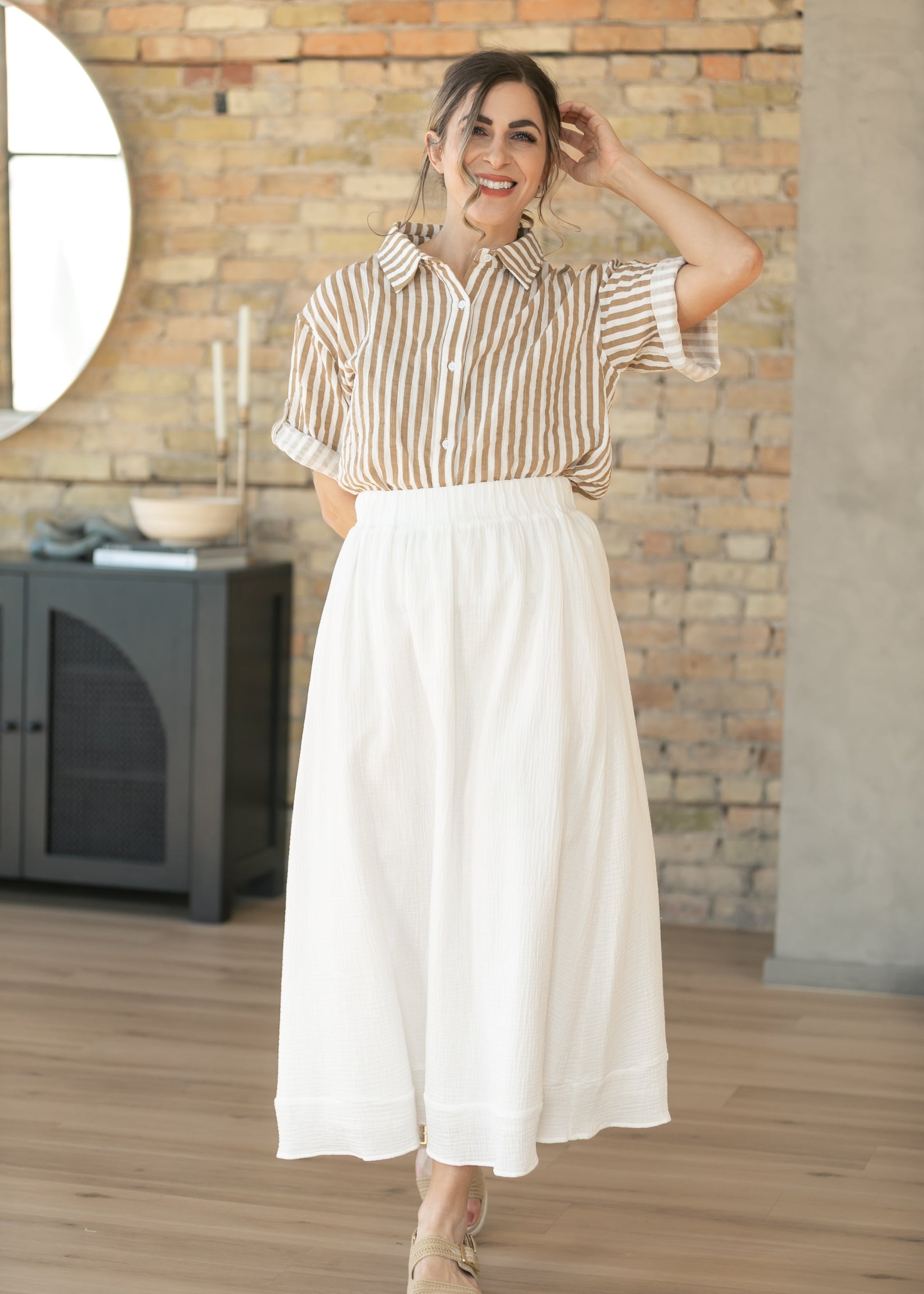 Marlaina Cotton Gauze Striped Button Up Top IC Tops