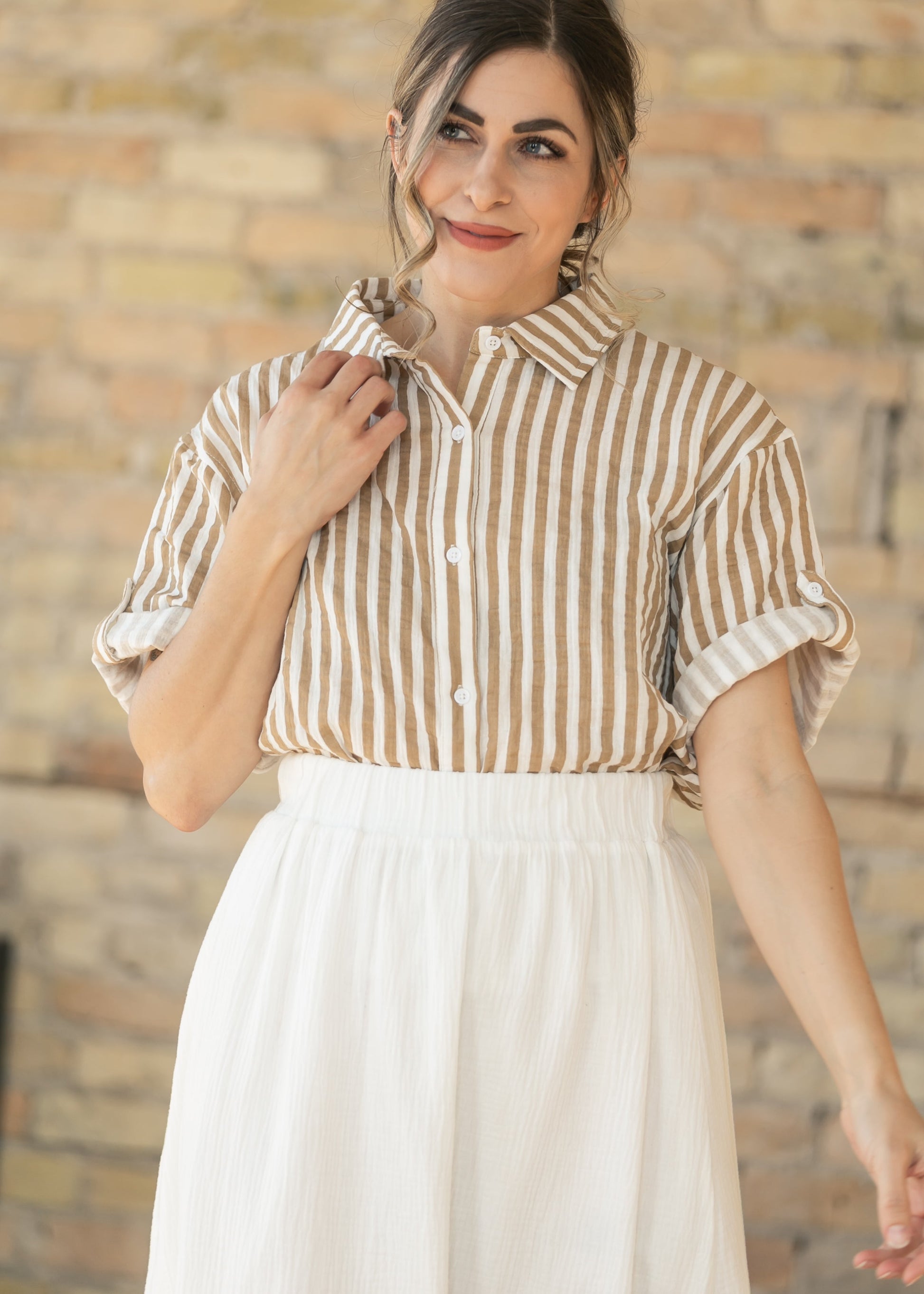 Marlaina Cotton Gauze Striped Button Up Top IC Tops