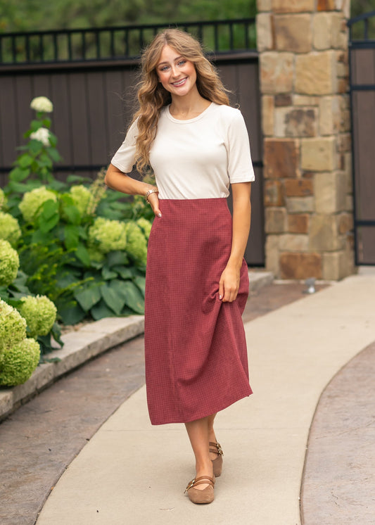 Maroon Gingham Satin Skirt FF Skirts