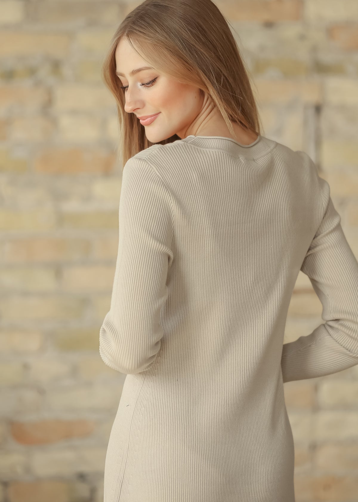 Mayra Taupe Ribbed Crewneck Midi Dress IC Dresses
