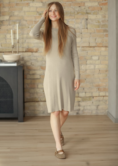 Mayra Taupe Ribbed Crewneck Midi Dress IC Dresses