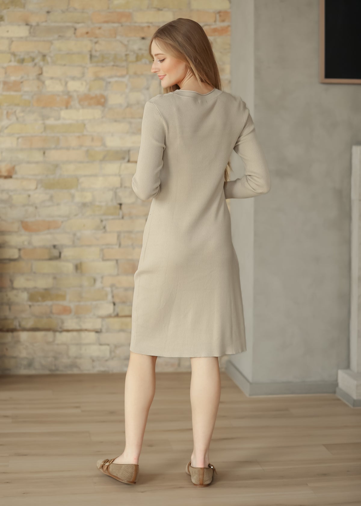 Mayra Taupe Ribbed Crewneck Midi Dress IC Dresses
