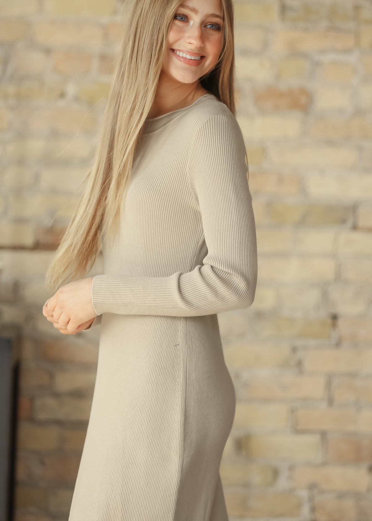 Mayra Taupe Ribbed Crewneck Midi Dress IC Dresses