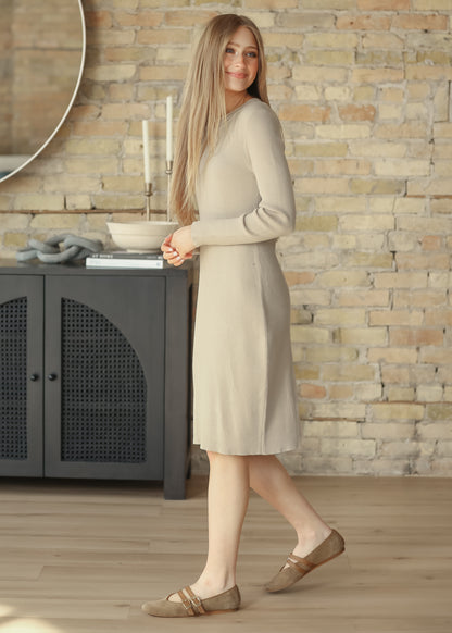 Mayra Taupe Ribbed Crewneck Midi Dress IC Dresses