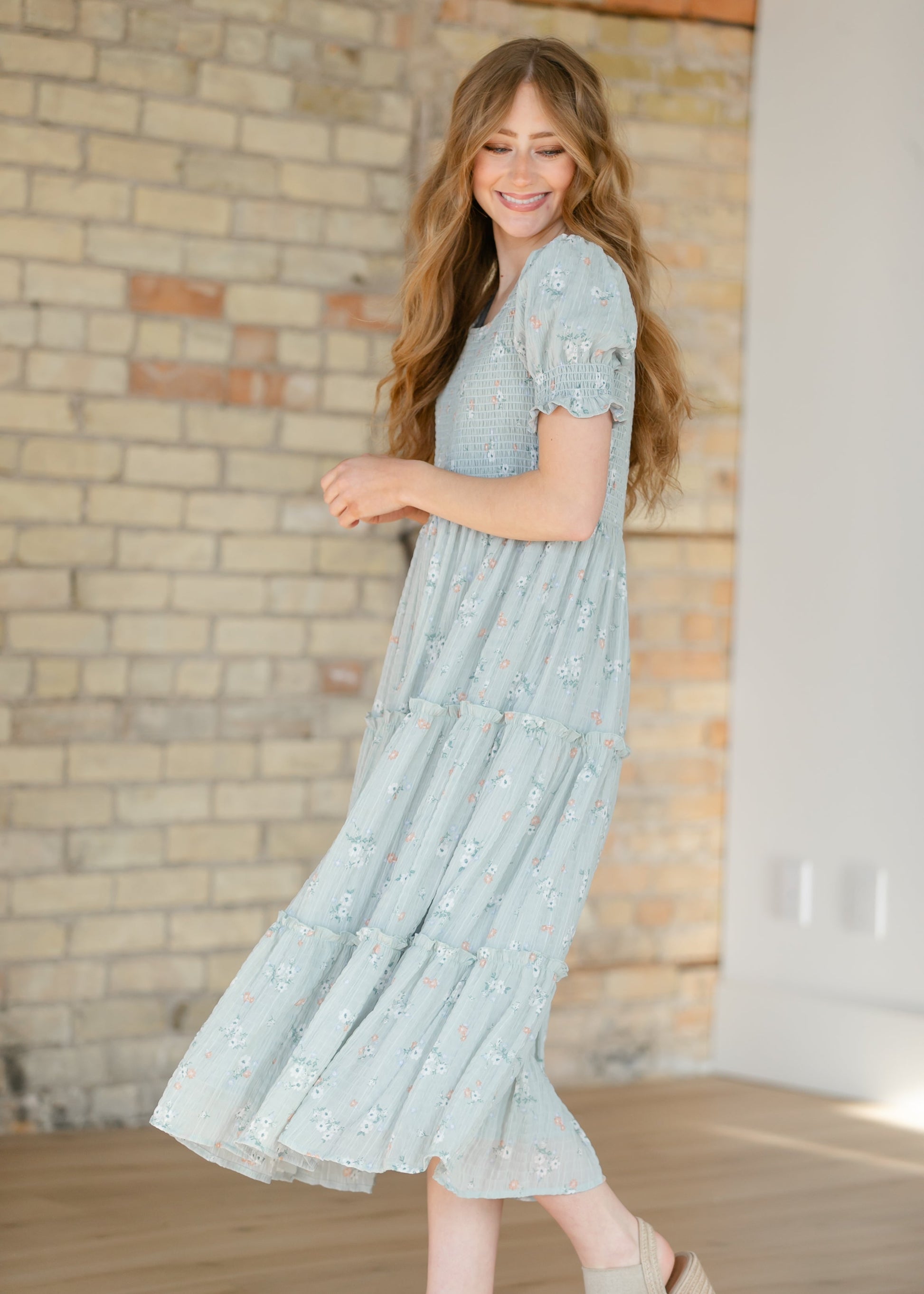 mint green smocked dress Mint Green Floral Print Smocked V-Neck Dress PinkBlush