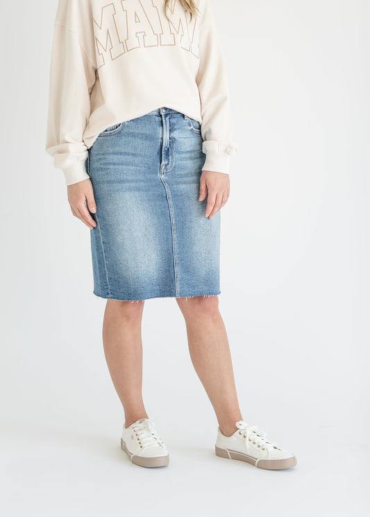 Medium Wash Raw Hem Denim Midi Skirt FF Skirts