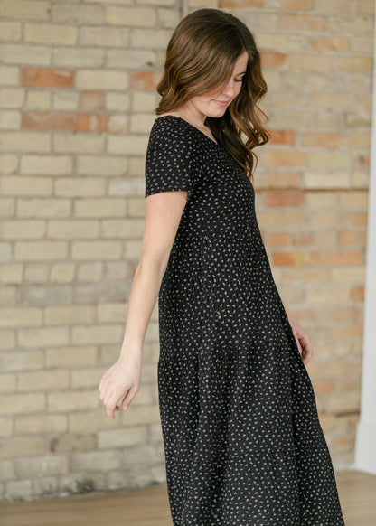 Melanie Black Floral Tiered Midi Dress IC Dresses