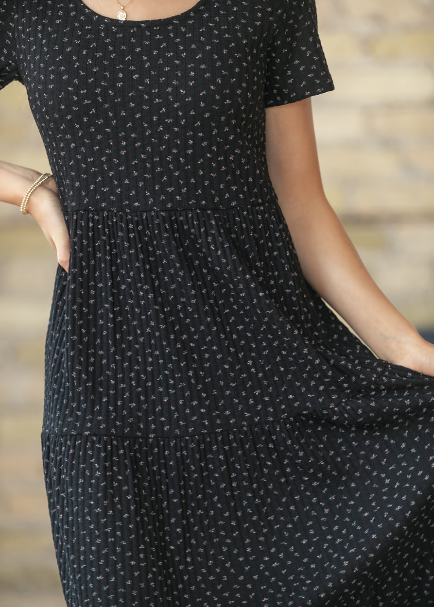 Melanie Black Floral Tiered Midi Dress IC Dresses