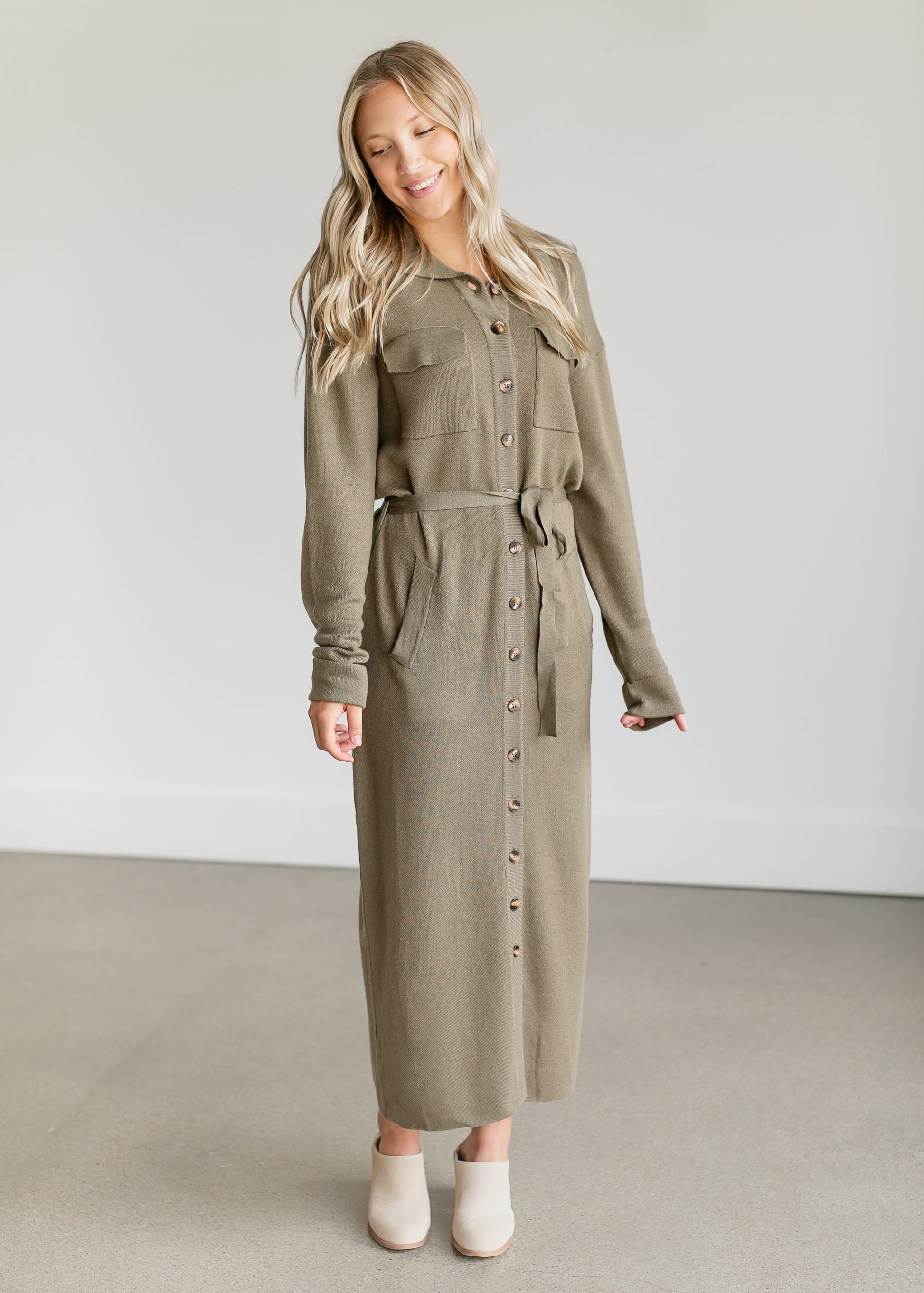 Melina Button-up Knit Midi Dress FF Dresses Olive / XS