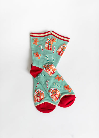 Merry + Bright Holiday Socks Accessories Gingerbread House