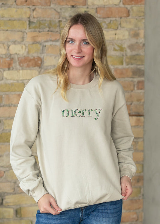 Merry Embroidered Crewneck Pullover FF Tops