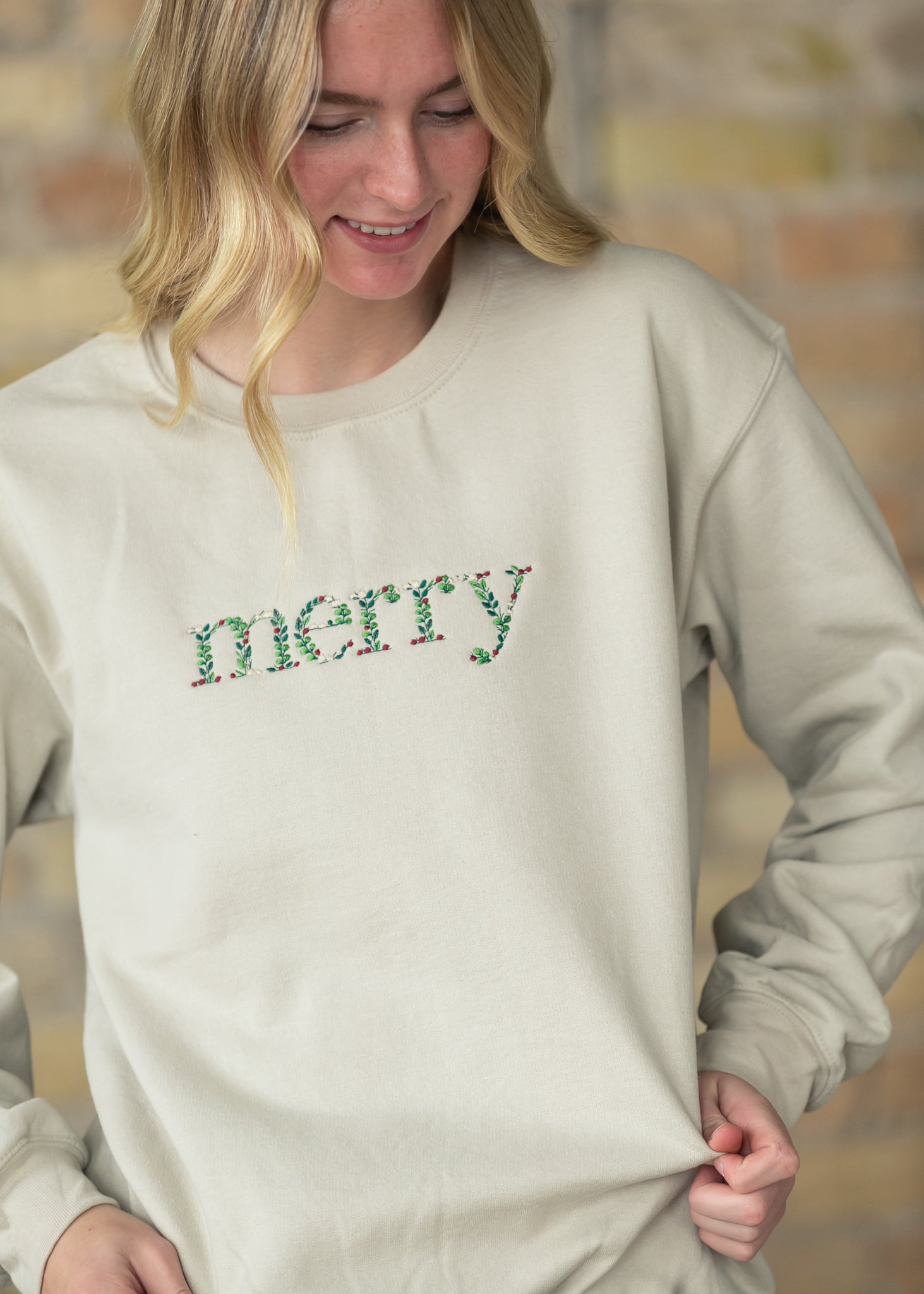 Merry Embroidered Crewneck Pullover FF Tops
