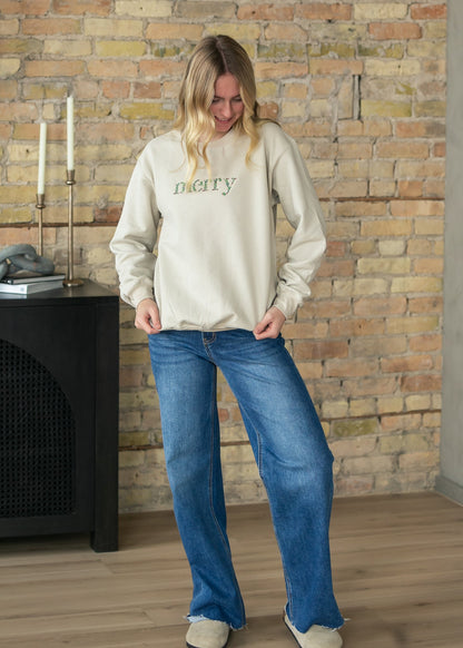 Merry Embroidered Crewneck Pullover FF Tops