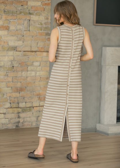 Mocha Stripe Back Button Knit Maxi Dress FF Dresses