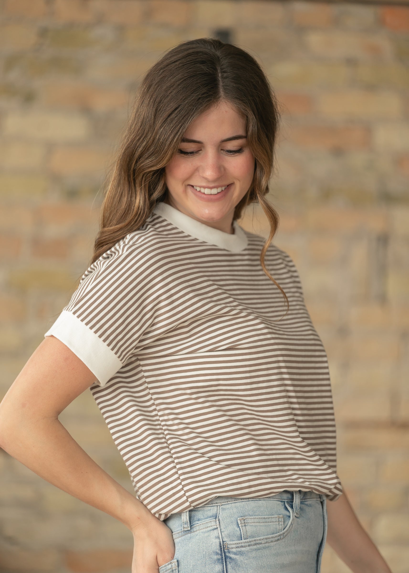 Mocha Stripe Contrast Trim Top FF Tops