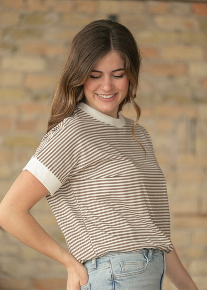 Mocha Stripe Contrast Trim Top FF Tops
