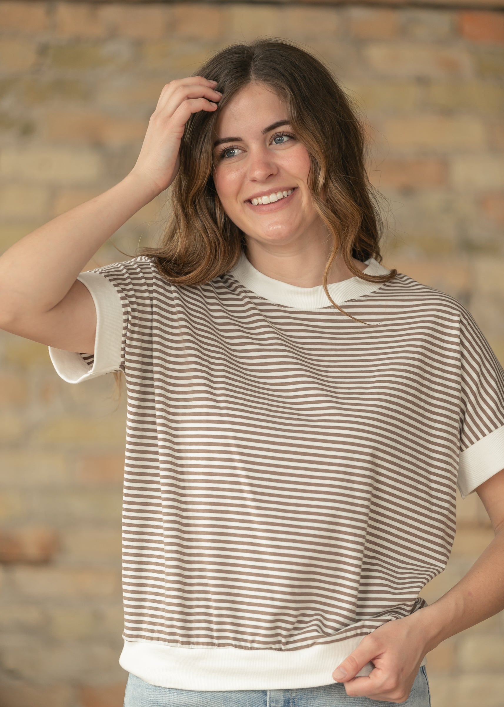 Mocha Stripe Contrast Trim Top FF Tops