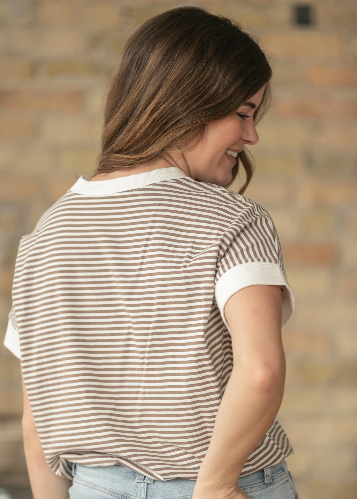 Mocha Stripe Contrast Trim Top FF Tops