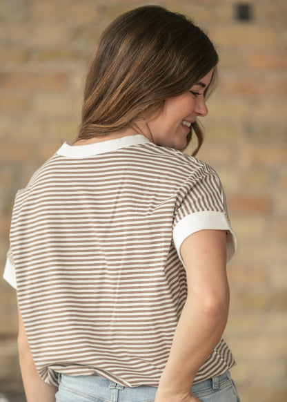 Mocha Stripe Contrast Trim Top FF Tops