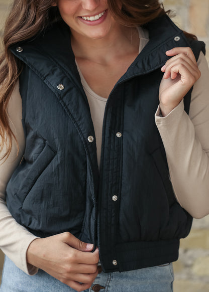 Mock Neck Snap Black Puffer Vest FF Tops