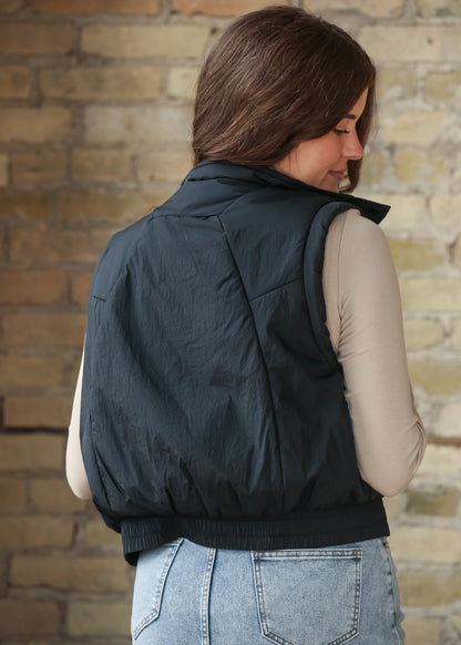 Mock Neck Snap Black Puffer Vest FF Tops
