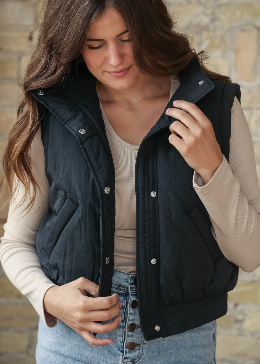 Mock Neck Snap Black Puffer Vest FF Tops