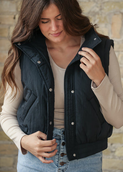 Mock Neck Snap Black Puffer Vest FF Tops